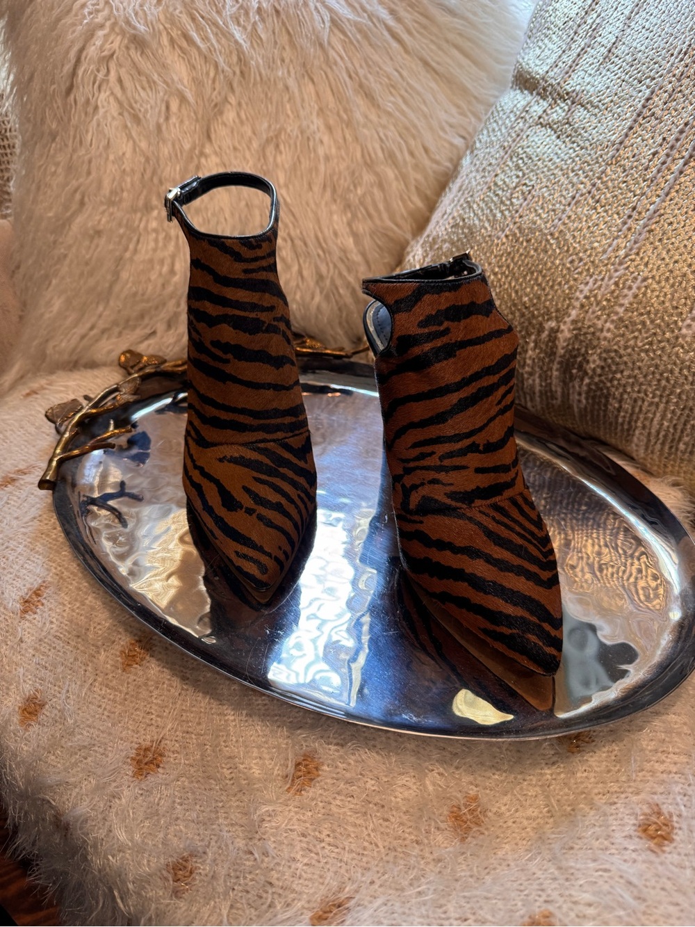 White House Black Market Brown and Black Tiger-Print Ankle Heels